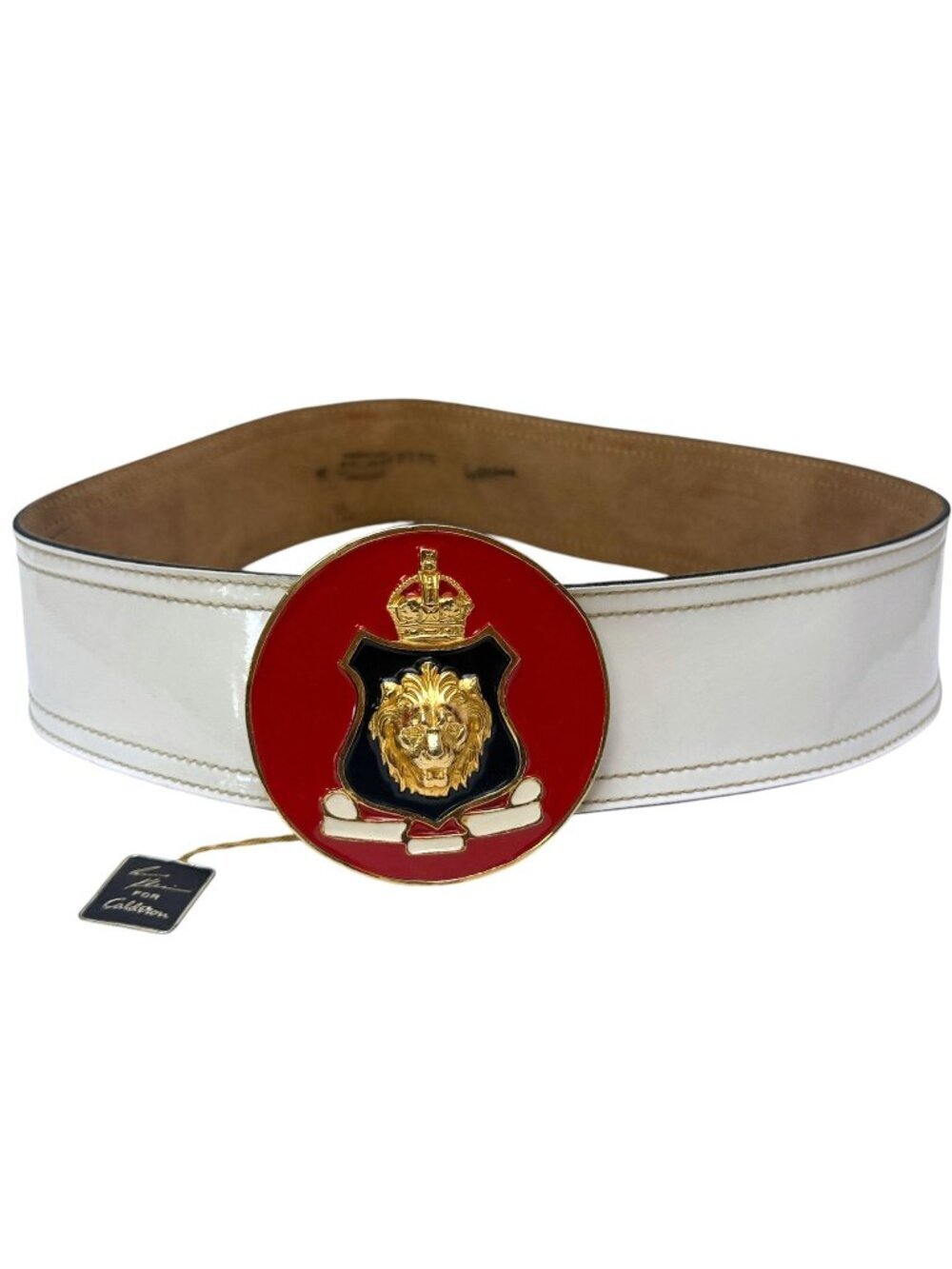ANNE KLEIN Vintage Lion Belt S/M Red Enamel Buckle Leather Accessocraft Saks